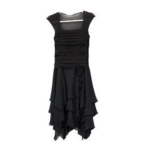Y2K Asymmetrical Dress 10 Petite Black Chiffon Tiered Goth Grunge Ruched Formal